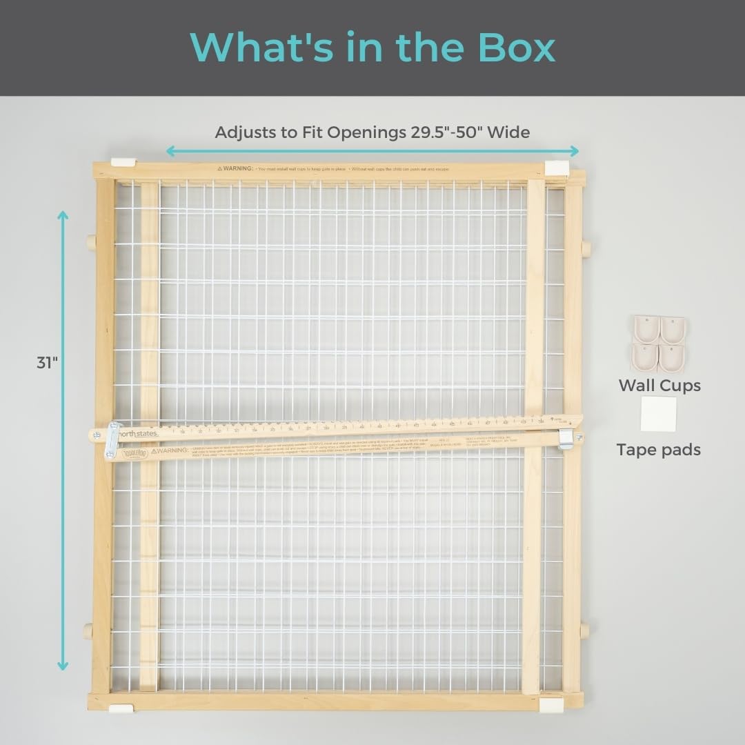 Toddleroo by North States - Extra-Wide Wire Mesh Wooden Baby Gate: Pressure Mounted Baby Gate for Doorways - Adjustable 29.5 to 50 Inches Wide - 31 Inches Tall