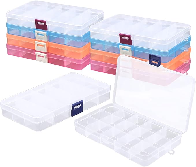 Cosics 10pcs Fake Nail Storage, 15-Grid Small Plastic Rhinestone Organizer Box, Acrylic False Nail Tips Container, Jewelry Display Holder, Tackle Hair Art Craft Accessories Empty Case with Dividers