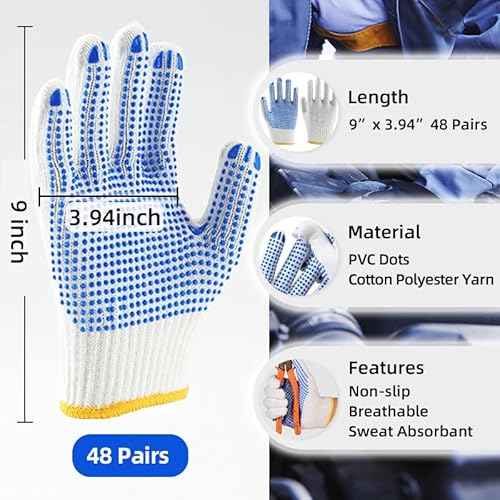 48 Pairs Cotton Work Gloves with Anti-slip Dots for Men Women, Breathable Cotton Knit Grip Gloves for Gardening Warehouse Construction Mechanic Industrial, One Size Bulk