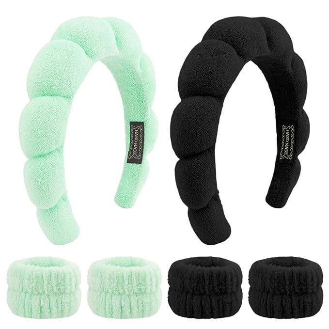 SPA Headbands for Washing Face Makeup Headbands with Bow Hair Band Women Facial Head Band Wrist Towel Wraps For Shower Face Mask Black Green, 6 Pack