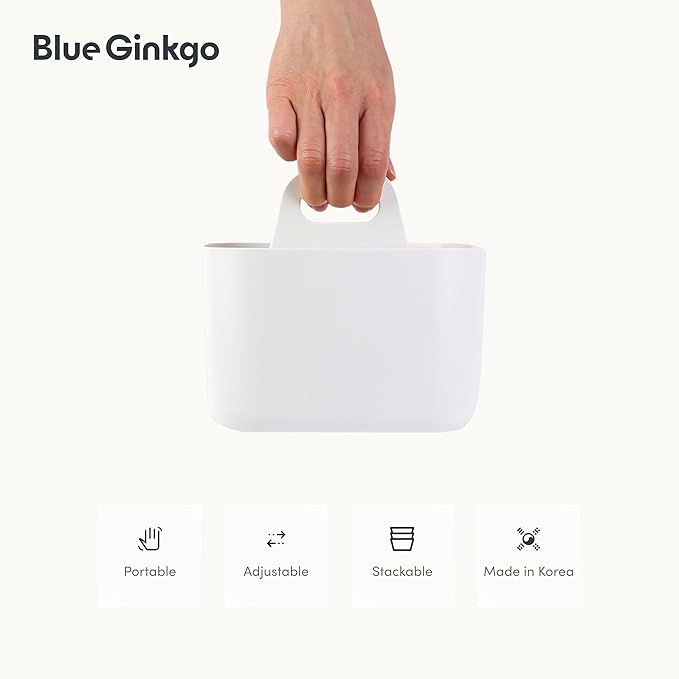 BLUE GINKGO Small Stackable Organizer Caddy – Korean-Made Portable Tote for Bathroom, Office, Crafts, or School Supplies (Square, White)
