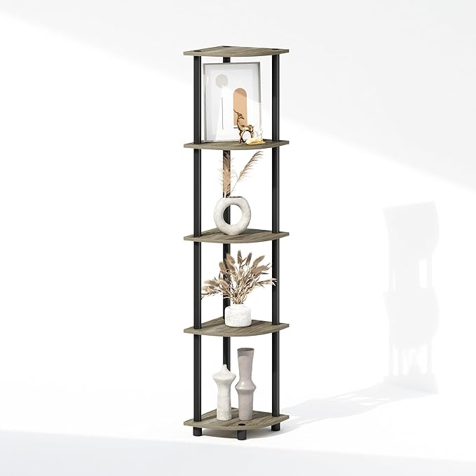 Furinno Turn-N-Tube Storage Shelves, 5-Tier Book Shelf, Corner Shelf, Toolless Open Shelves, for Organization and Storage, Living Room, Home Office, Hallway, Bedroom, French Oak