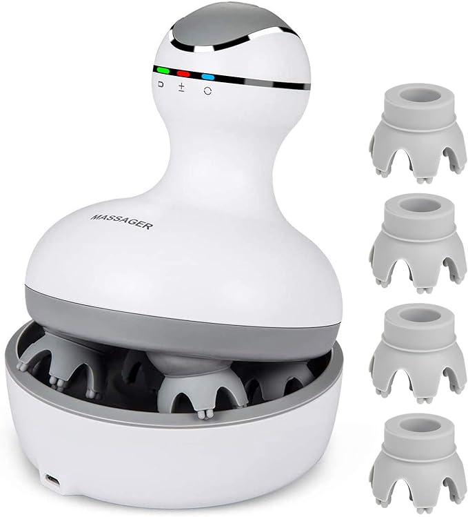 cotsoco Electric Scalp Head & Back Massager, Cordless Hair Massage Waterproof Head Massager with 4 Heads 84 Nodes for Hair Growth, Stress Relief & Deep Clean, Gifts for Men Women, White
