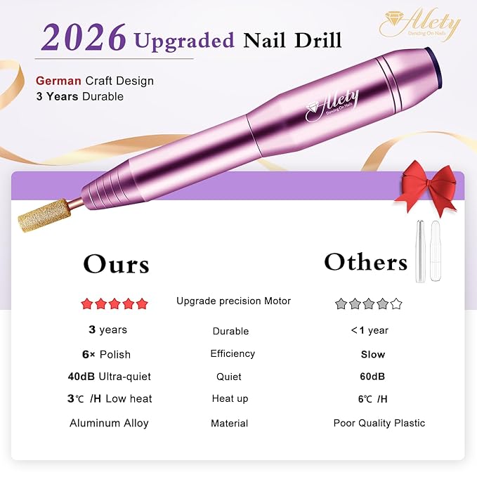 Electric Nail Drill Kit, Portable File for Acrylic Gel Nails, Professional Machine Efile Manicure Pedicure Tools with Iridescent Bits Home Salon Use, Pink