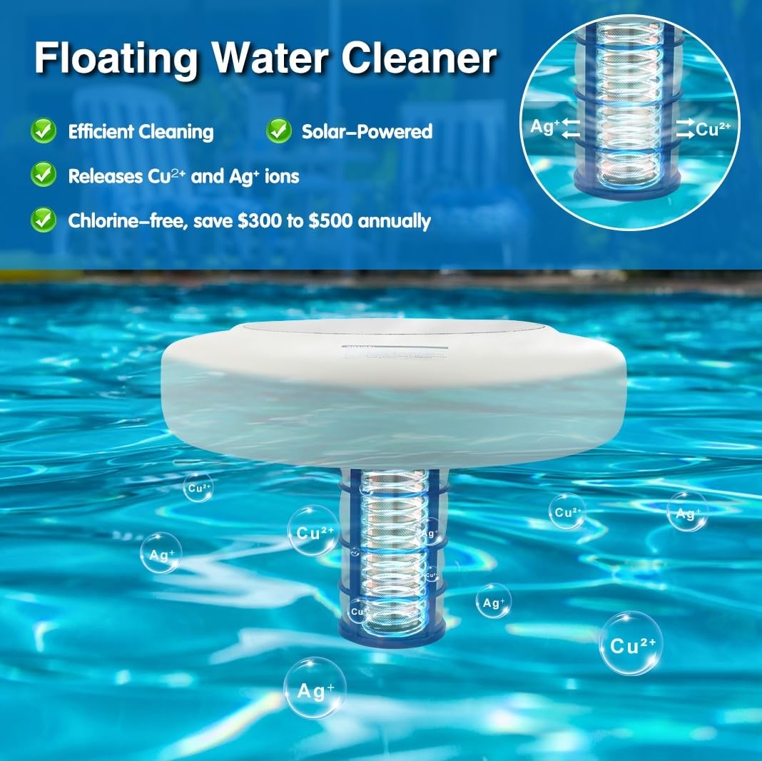 Solar Pool Ionizer - Floating Pool Cleaner for Swimming Pools Up to 45,000 Gallons, Large Solar Panel & Durable Copper Anode, Clear Water with Minimal Effort