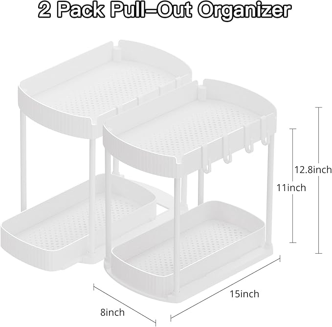 2 Pack Multi-Purpose Pull-Out Storage Organizers, Under Sink & Cabinet Storage, 12.8 Inch, White