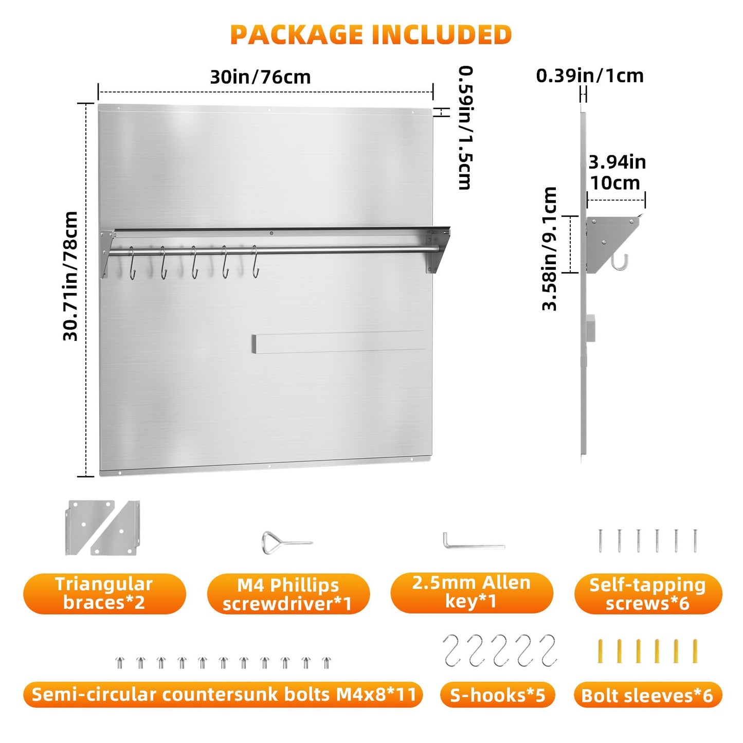 Vlaeng 30"x30" Stainless Steel Range Backsplash, Stove Backsplash With Storage Shelf & Magnetic Knife Rack, Stainless Steel Backsplash For Stove, Range Hood Wall Shield With Pre-Drilled Holes
