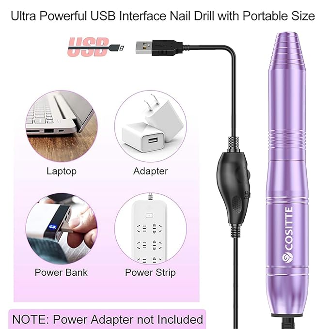 Electric Nail Drill,USB Electric Nail Drill Machine for Acrylic Nail Kit,Portable Electric Nail File Polishing Tool Manicure Pedicure Kit Efile Nail Supplies for Home Salon,Lilac