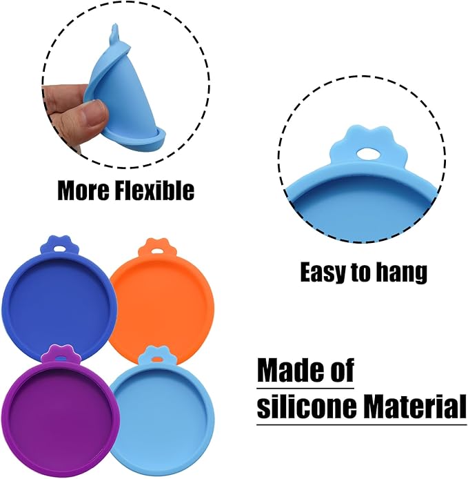 PINE & LINEN 4 Pcs 2.5inch Durable Pet Can Lids,Silicone Small Pet Can Covers Waterproof Cat Food Cans Lids for 3 oz Cat Food Cans(Purple+Blue+Orange+Sky Blue)