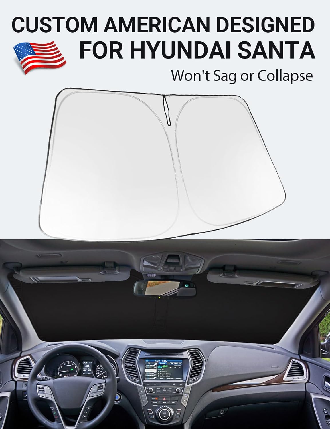 Proadsy 2026 Upgrade Windshield Sun Shade Custom Fit 2013-2018 Santa Foldable Front Sunshade Protector Sun Visor Blocks UV Rays Keep Car Cooler