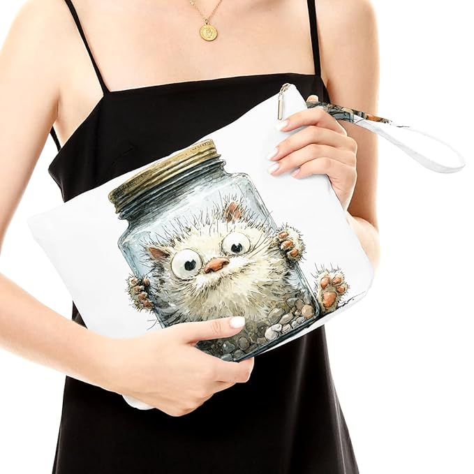 Fokongna Cute Print Wet Bag, Small Portable Waterproof Multi-Functional Organizer for Women, Cream White Jar Fluffy Cat, Ideal for Daily, Beach & Travel
