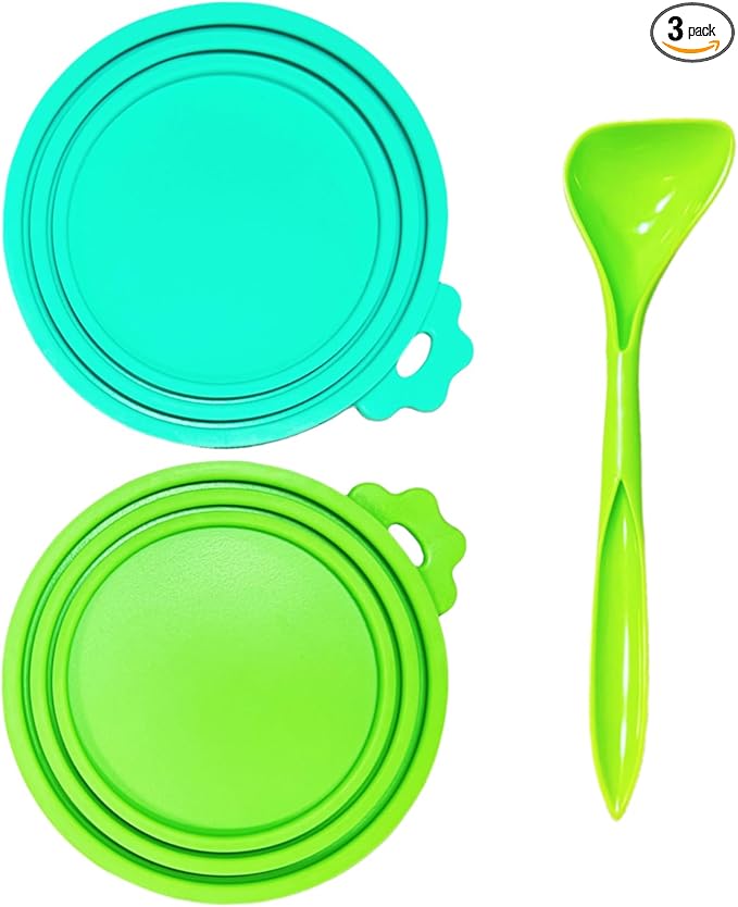 MoPawKT- Silicone Cat Dog Food Can Covers Lids, 3 Inner Diameters 2.6”/3”/3.4” Fit 3-15 oz Standard Cat Dog Food Cans/Tins, Multi-Size Canned Covers, BPA Free, Reusable(box set of 2 lids+1 spoon)