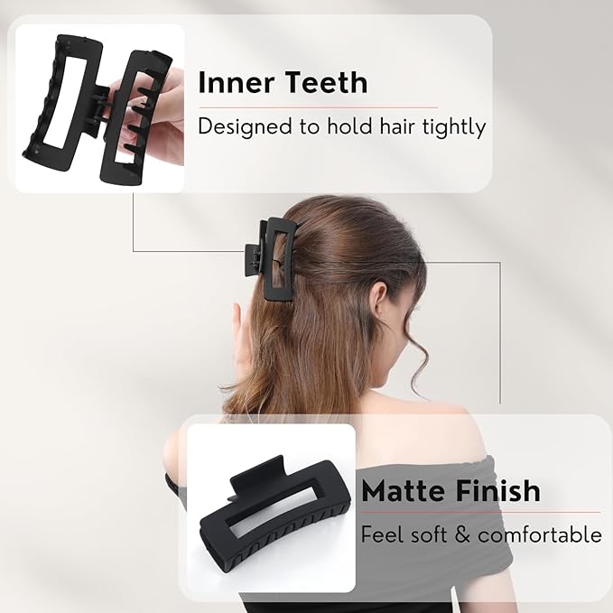 12 Pack Large Black Square Hair Claw Clips for Women, 4.3 Inch Matte Rectangle Claw Clips, Strong Hold & Non-Slip for Thick or Thin Hair
