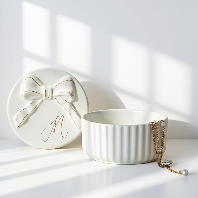 COLLECTIVE HOME Monogram Initial Jewelry Box with Bow - Elegant Ring Holder & Earring Dish | Christmas Gift Idea for Women, Unique Birthday Present for Her (M)