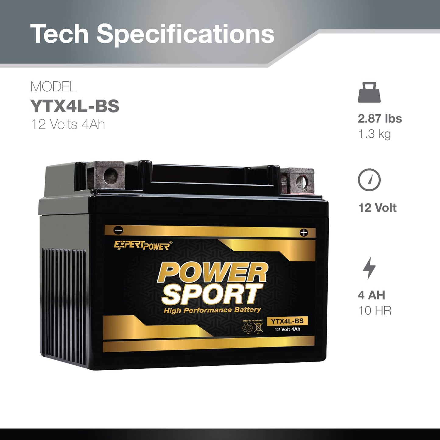 ExpertPower YTX4L-BS - AGM Motorcycle Battery 12V 4Ah for 50cc Scooter SA50 Elite LX, SB50, TTR125, 120 CCA ATV Battery for Mini Skyhawk, Scrambler, Sportsman, Powersports Batteries with N&B Terminals