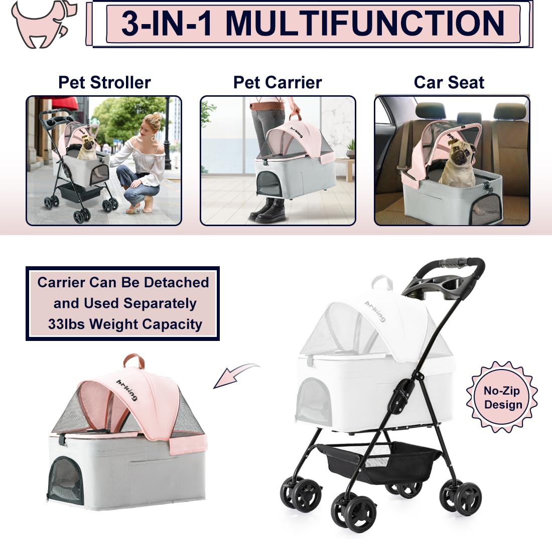 LPOTIUS 3-in-1 Pet Stroller for Small Dogs and Cats, Folding Lightweight Dog Stroller with Detachable Carrier Portable Cat Puppy Jogging Stroller with Cup Holder and Storage Basket, 4 Wheels