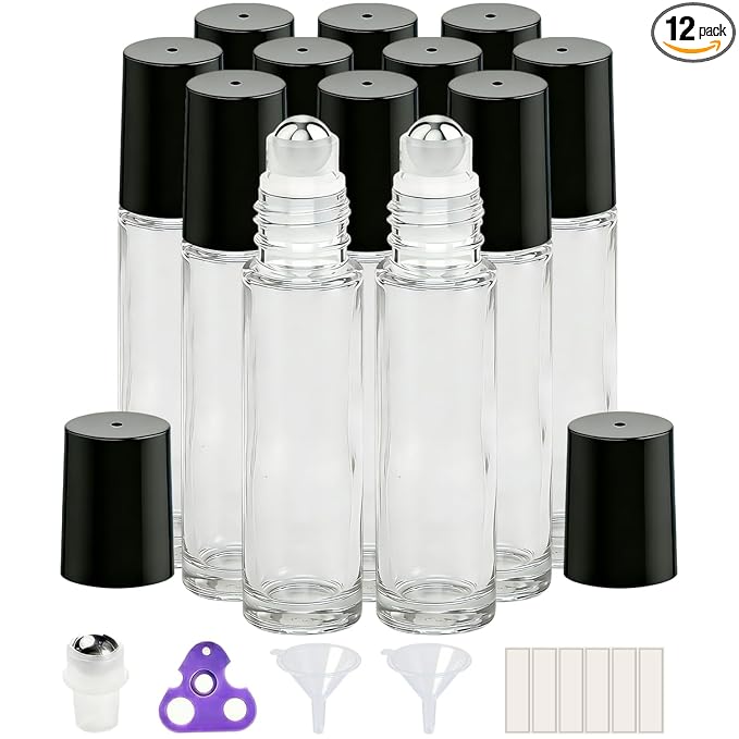PrettyCare 12 Pack, 10 ml Essential Oil Roller Bottles with Stainless Steel Roller Ball - Refillable Leak-proof Empty Thick Clear Glass Roll on Bottles with Black Caps for Travel, Perfume