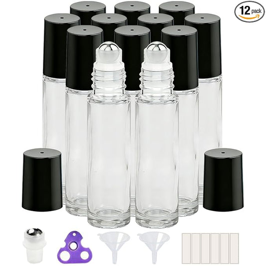 PrettyCare 12 Pack, 10 ml Essential Oil Roller Bottles with Stainless Steel Roller Ball - Refillable Leak-proof Empty Thick Clear Glass Roll on Bottles with Black Caps for Travel, Perfume