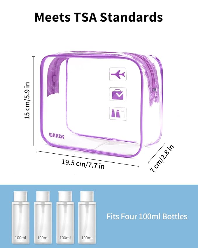 WANDF TSA Approved Toiletry Bag, 2 Packs Travel Clear Toiletry Bag, Quart Size Makeup Cosmetic Pouch with Zipper, Carry-On Airport Compliant Bag for Women and Men (2pcs Purple)