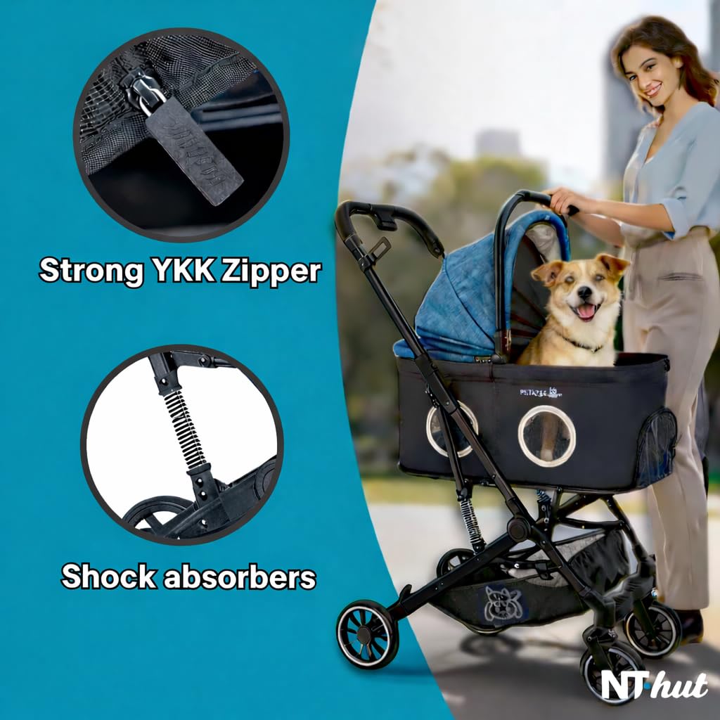 Pet Stroller for Small & Medium Dogs and Cats Up to 50 lbs, 3-in-1 Lightweight Dog Stroller with Detachable Carrier, 360° Mesh Windows, One-Click Fold, Storage Bag & Basket, Cup Holder, All-Terrain