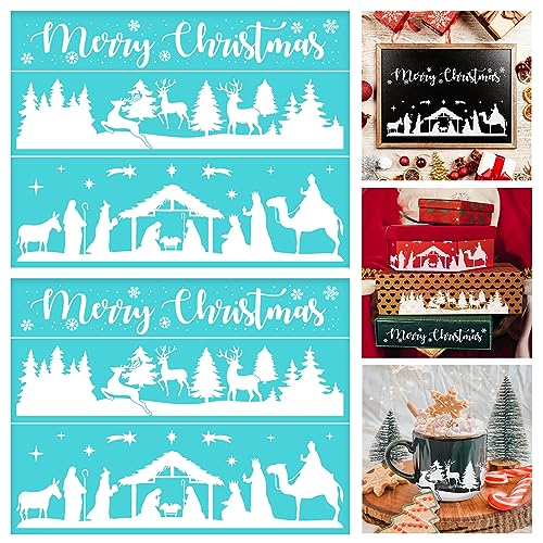 2PCS Christmas Silk Screen Stencil 11x8 Self-Adhesive Mesh Stencils Silkscreen Stencil for Chalk Paste with Reindeer Pine Tree for Printing on Wood Fabric Wall Cup Plate Glass Paper