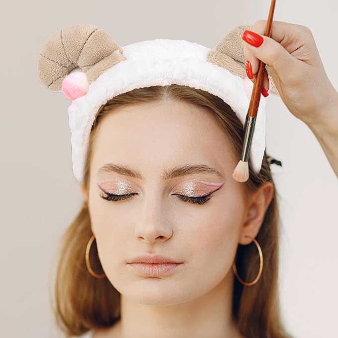 CAVETEE 3 Piece Hairband and Wristband Set for Women, White Sheep Horn Makeup Headband and Wristband for Skincare, Shower, Hair Styling, Securing Hair