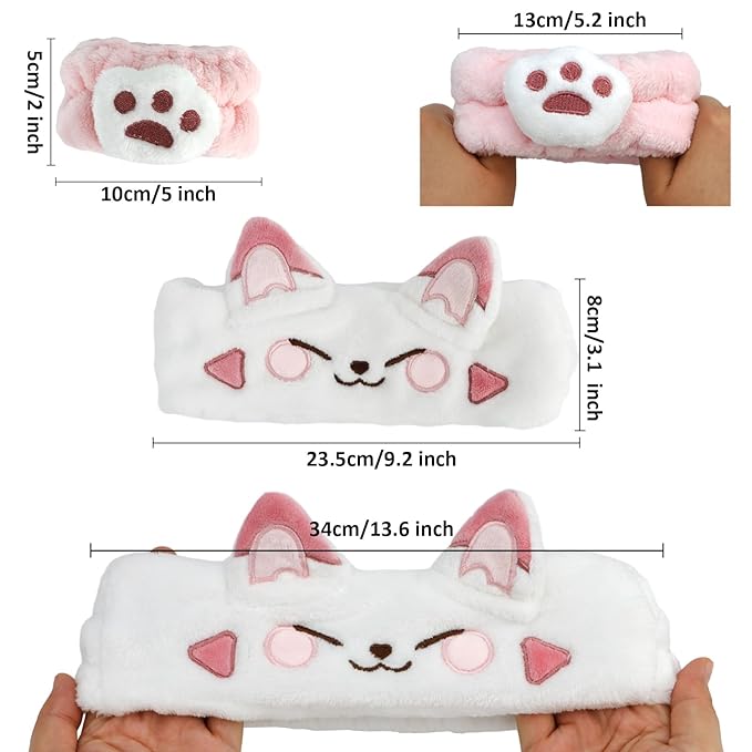 Canitor Face Wash Headband With Wrist Bands - Soft Coral Fleece Spa Makeup Headband With Cute Animal Cat Ears - Elastic Skincare Wrist Towels