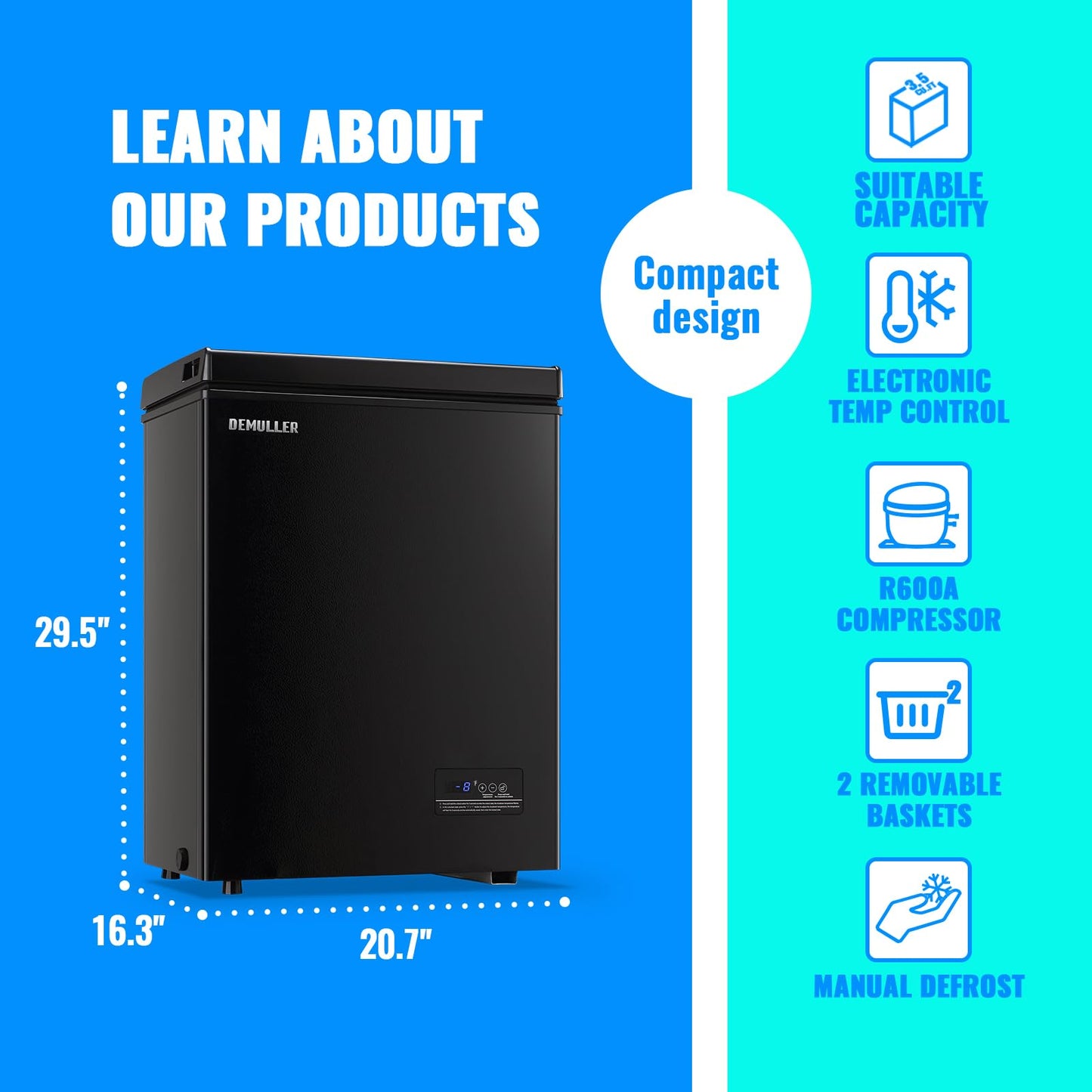 Mini Chest Freezer Compact Deep Freezing Machine with Electronic Temperature Control (Accurate to 1 ℉) Freestanding Small Freezer with 2 Removable Storage Baskets Black