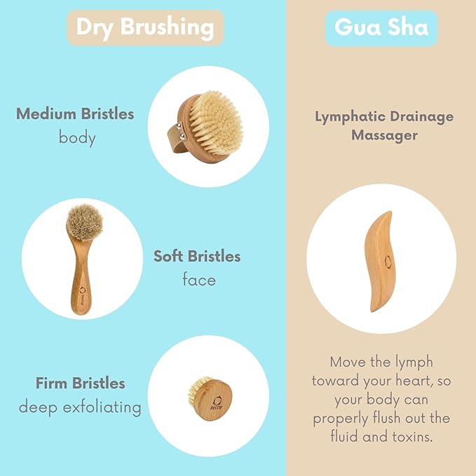 4pcs Dry Brushing Body Brush Set for Lymphatic Drainage-Natural Bristle Dry Skin Brush +Facial Dry Brush for Face+Dry Skin Exfoliating Scrubber+Wood Therapy Massage Tool. Gua Sha, Anti-Cellulite.