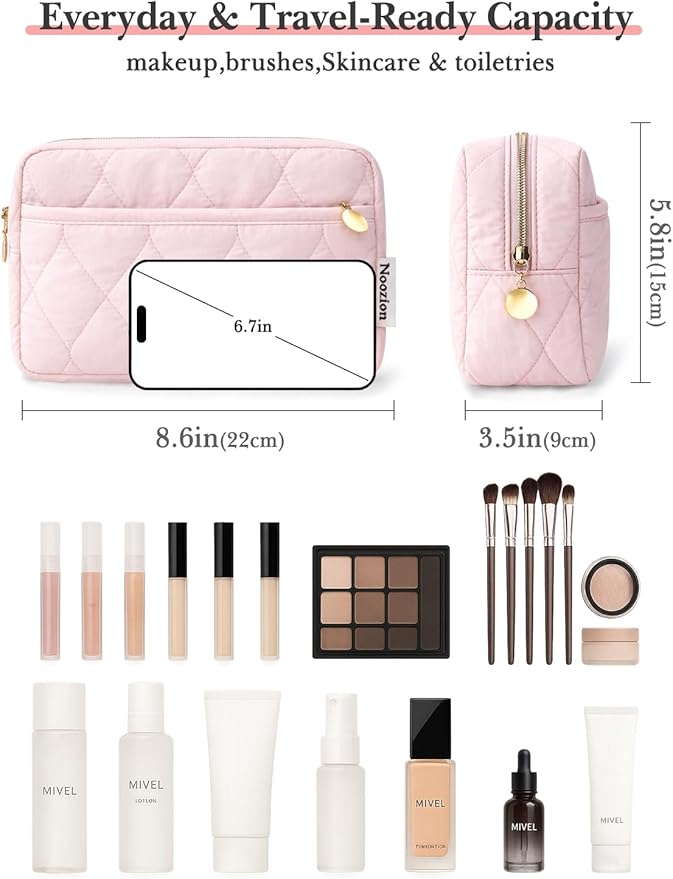 Noozion Makeup Bag Travel Toiletry Bag, Puffy Padded Cosmetic Bag for Women, Makeup Organizer Case, Wide-open Pouch Purse, Travel Essentials