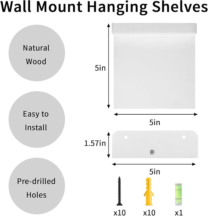 Fixwal Small Shelf for Wall, Rustic Wood Floating Wall Mounted Shelves for Bedroom, Living Room, Kitchen, Bathroom Decor, Set of 4, 5 x 5 Inches (White)
