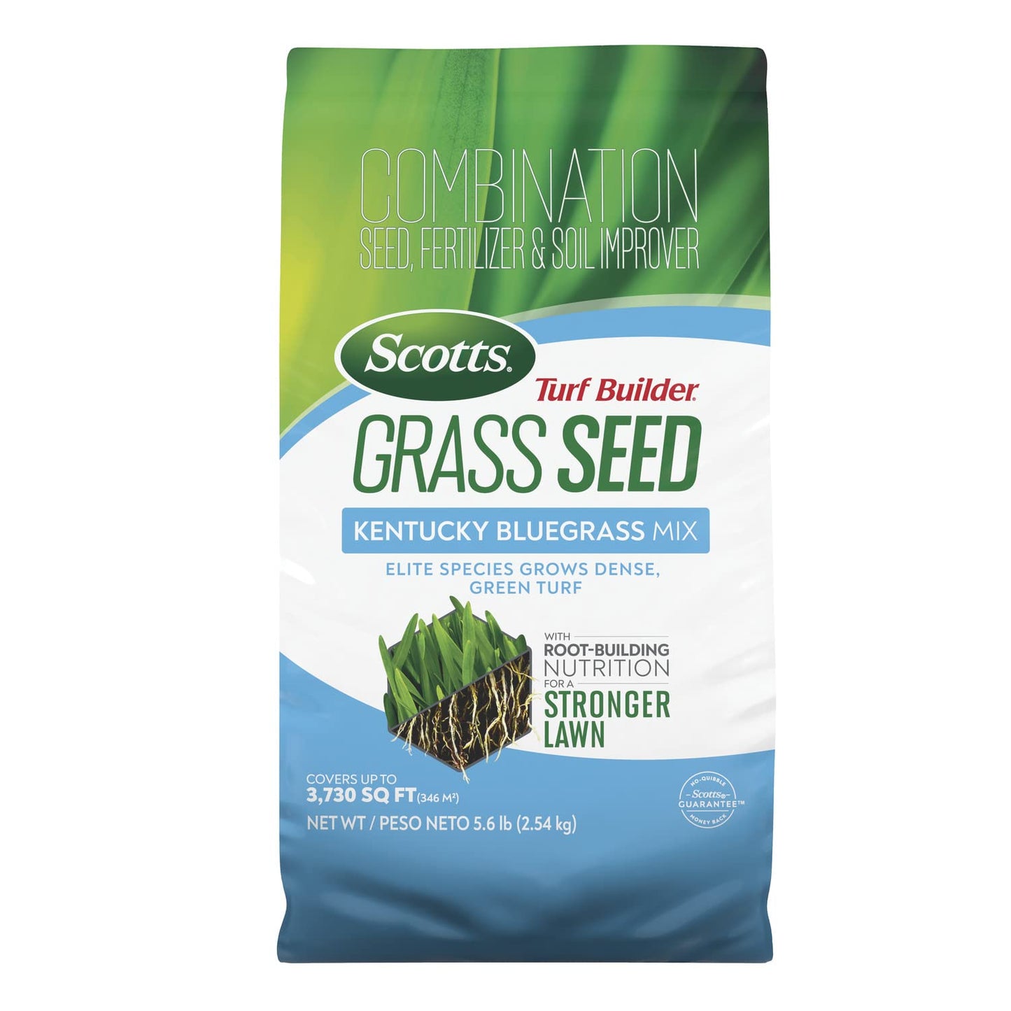 Scotts Turf Builder Grass Seed Kentucky Bluegrass Mix - Grass Seed Plus Lawn Fertilizer and Soil Improver, Grows Dense, Green Turf, Covers Up to 3,730 sq. ft., 5.6 lb.
