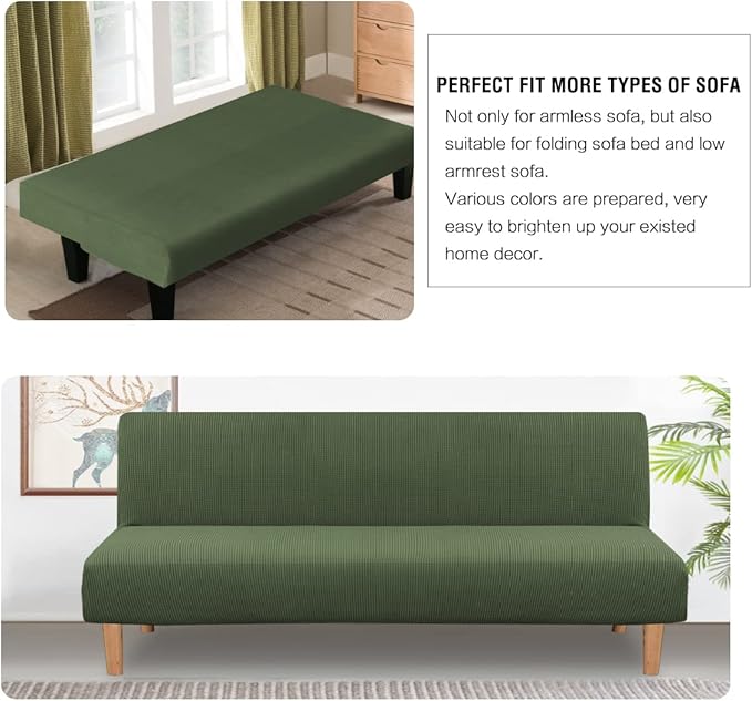 H.VERSAILTEX Armless Futon Cover Stretch Sofa Bed Slipcover Protector Elastic Feature Rich Textured High Spandex Small Checks Jacquard Fabric Futon Cover, Machine Washable, Bronze Green