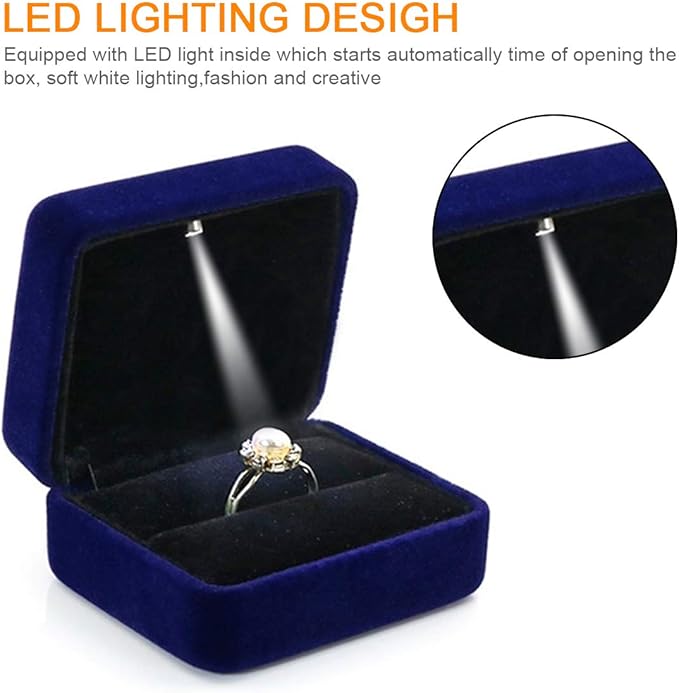 GBYAN Single Slot Velvet Ring Box for Engagement or Wedding with LED Light - Blue