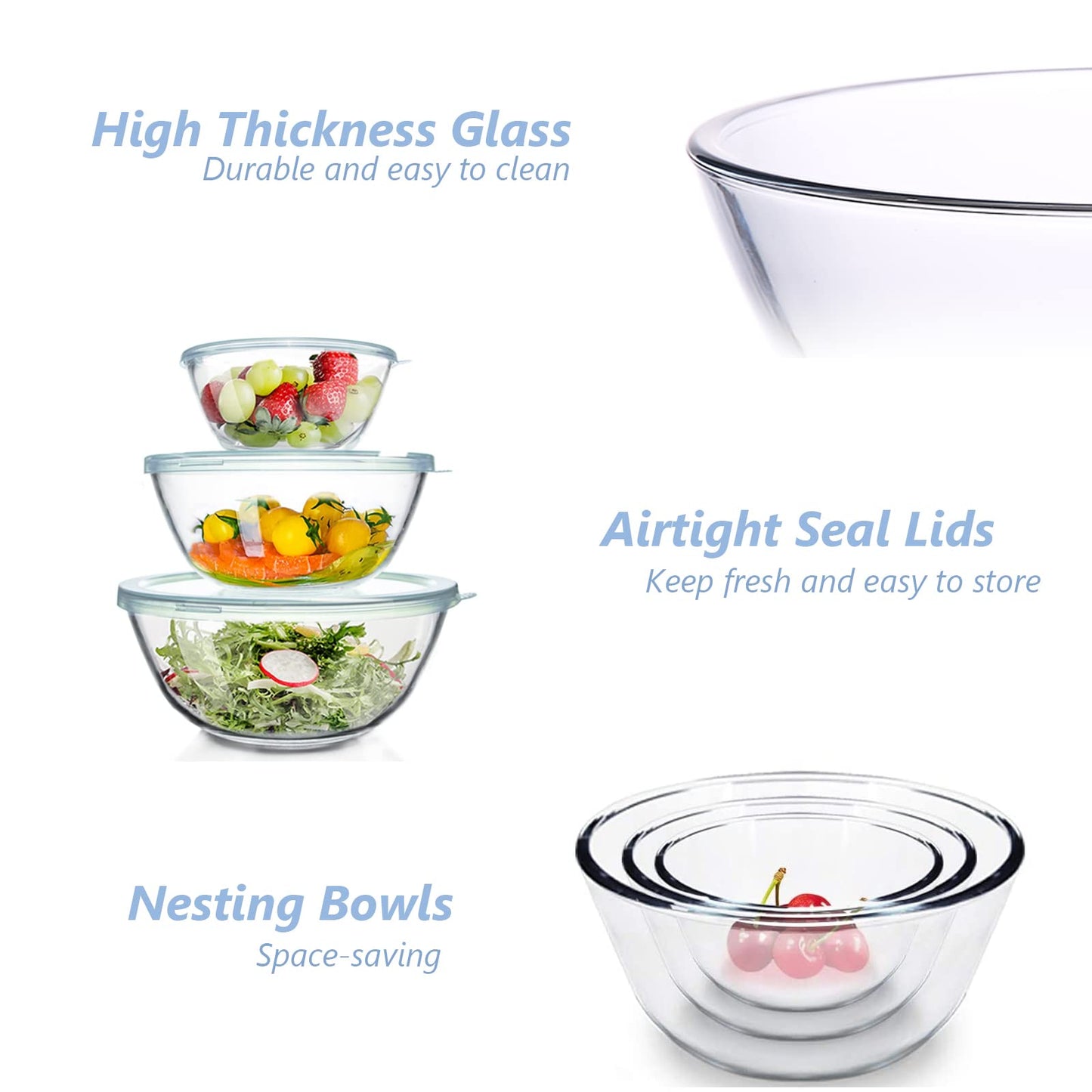 WhiteRhino Glass Mixing Bowls Glass Bowls with Lids Set(4.5QT,2.7QT, 1.1QT),Large Salad Bowls,glass mixing bowl Space-Saving Nesting Storage bowls for Cooking,Baking,Prepping,Dishwasher Safe