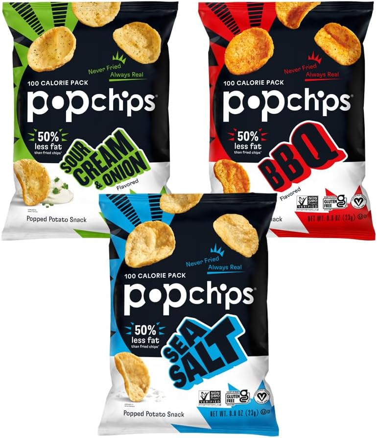 Popchips Potato Chips Variety Pack, Sea Salt, BBQ, Sour Cream & Onion, 12ct Single Serve 0.8oz Bags, Gluten Free, Salty Snacks for Adults and Children, Non-GMO & Kosher, 100 Calories Per Bag