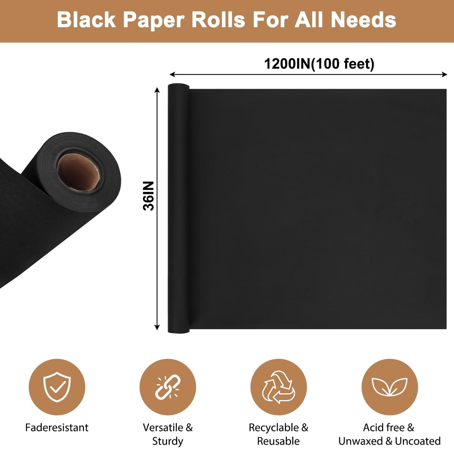 Moretoes 36" x 1,200"(100') Black Kraft Paper Roll for Bulletin Board, Wrapping Paper Roll for Gift Packing Craft Banner Art Table Covering Bouquet Flower Packing Moving Shipping 85GSM