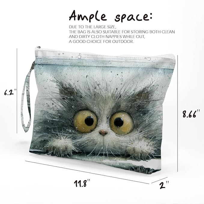 Fokongna Cute Print Wet Bag, Small Portable Waterproof Multi-Functional Organizer for Women, Grey Watercolor Fluffy Cat, Ideal for Daily, Beach & Travel