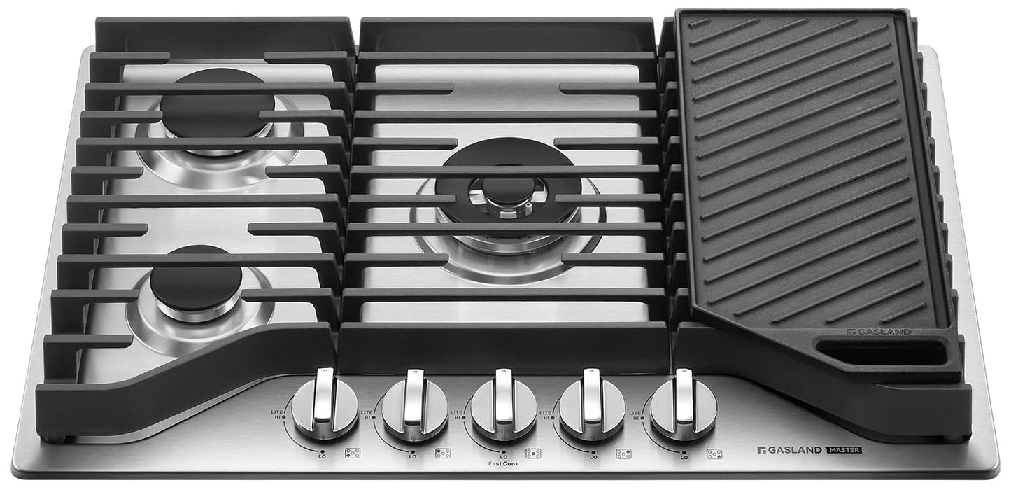 GASLAND Master 30 Inch Heavy Duty Gas Cooktop with Griddle PRO GH3805SS1FC with 5 Burners, CSA certified, 120V Plug-in, NG/LPG Convertible