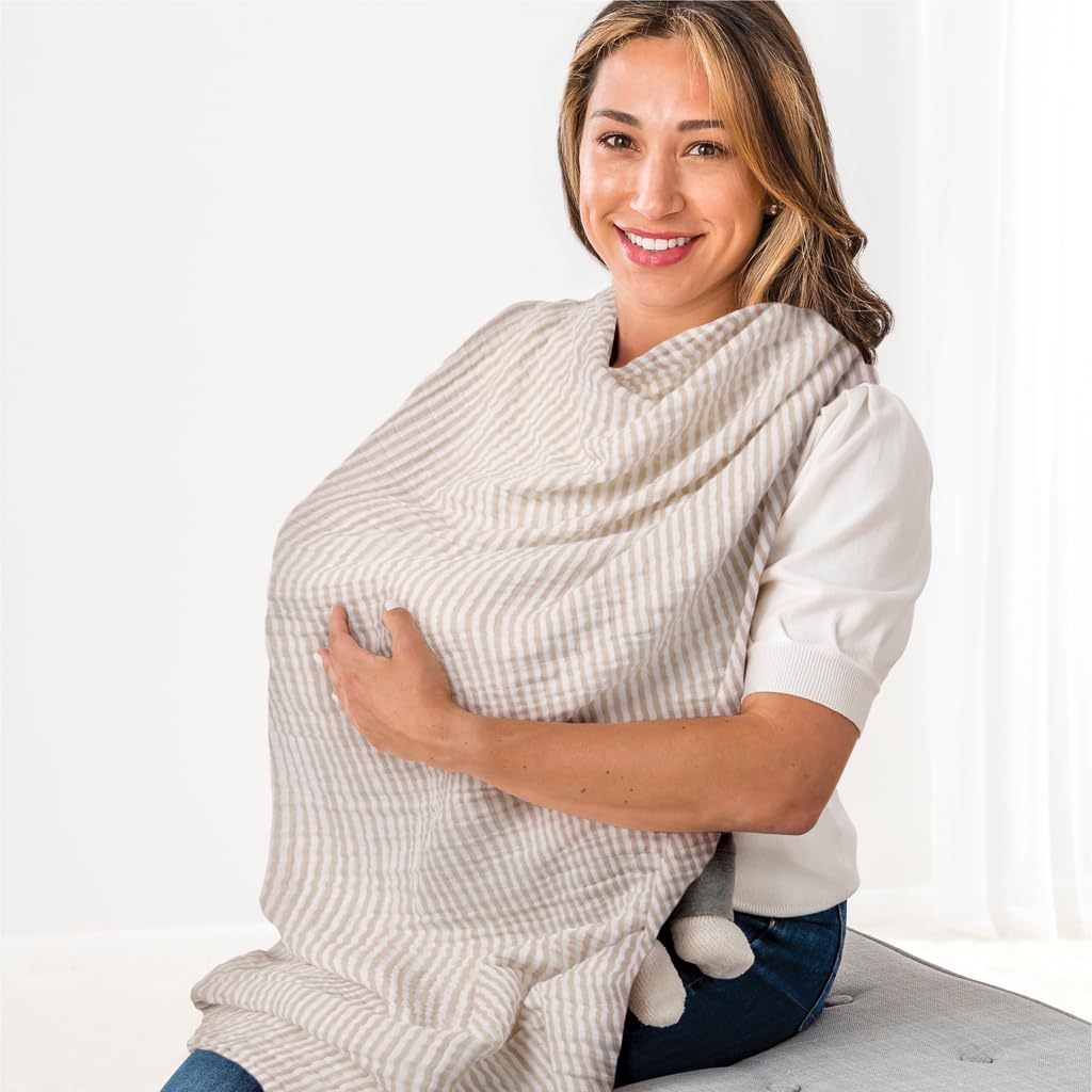 Itzy Ritzy Breastfeeding Boss Multi-Use Cover – A Nursing Cover, Swaddle, Car Seat Wrap, Tummy Time Mat & Burp Cloth All in One – Made of Soft Muslin Fabric & Measures 47” x 47” (Taupe Stripe)