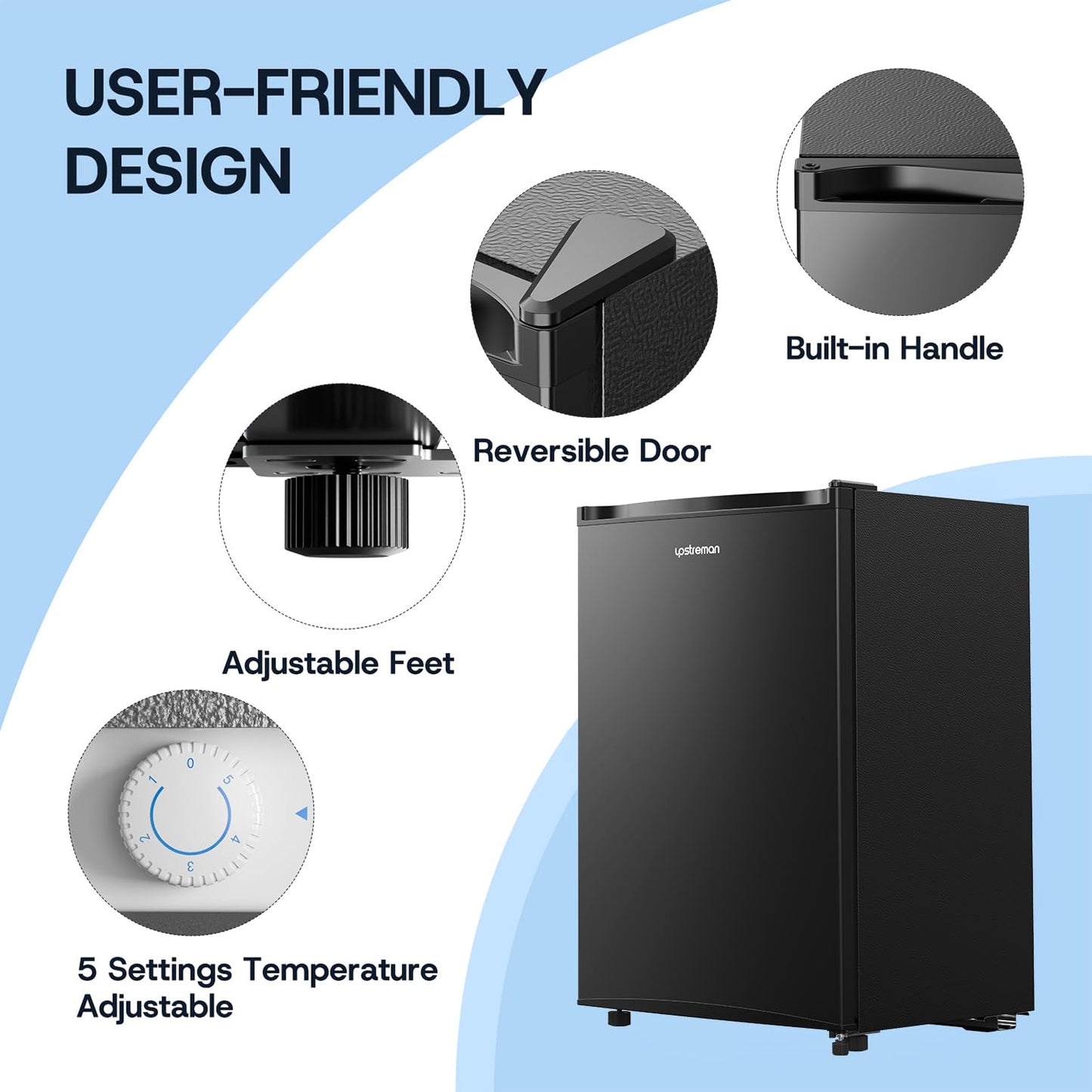 Upstreman 3.0 Cu.ft Small Mini Freezer Upright Freezer Black with Reversible Door, Fast Cooling, 5 Adjustable Thermostat, Stand Up Freezers with Ice Trays Defrosting Tools for Home, Dorm (Black)