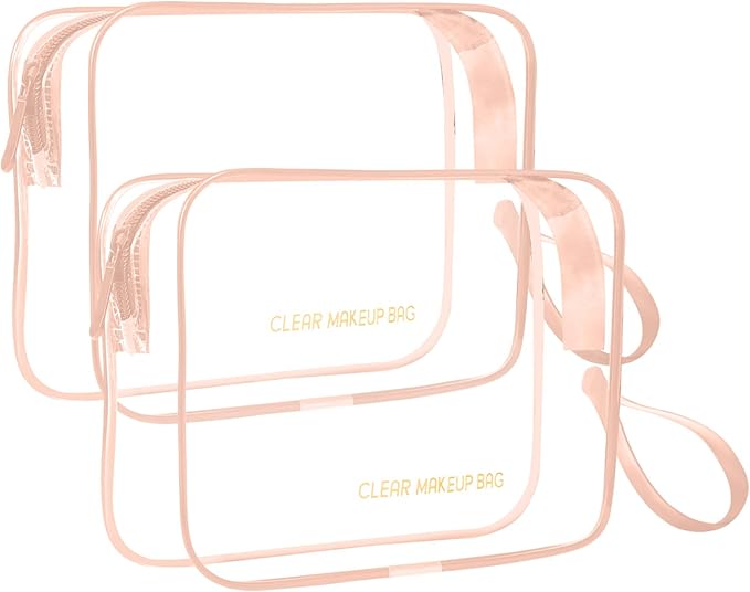 Clear Makeup Bag,2 Pack TSA Approved Toiletry Bag Travel Toiletry Bag Hanging Makeup Cosmetic bag for Women Men (Rose gold)