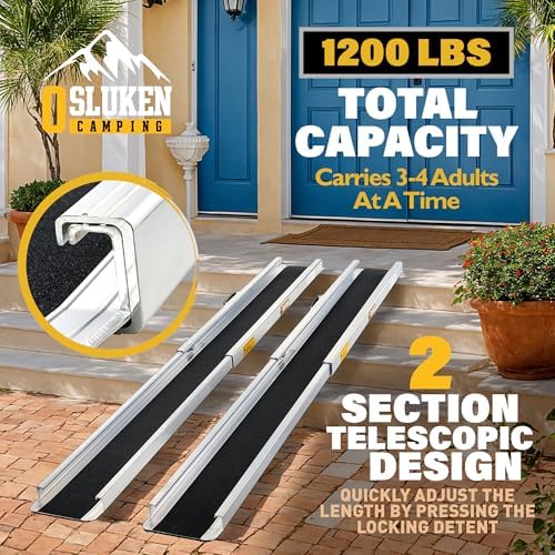 7FT Portable Wheelchair Ramp, 84"L x 7.2"W Aluminum Ramps for Wheelchairs for Home, 1200LBS Capacity Telescopic Non-Skid Threshold Handicap Wheel Chair Ramp for Doorways, Stairs, Steps, 2 Pack