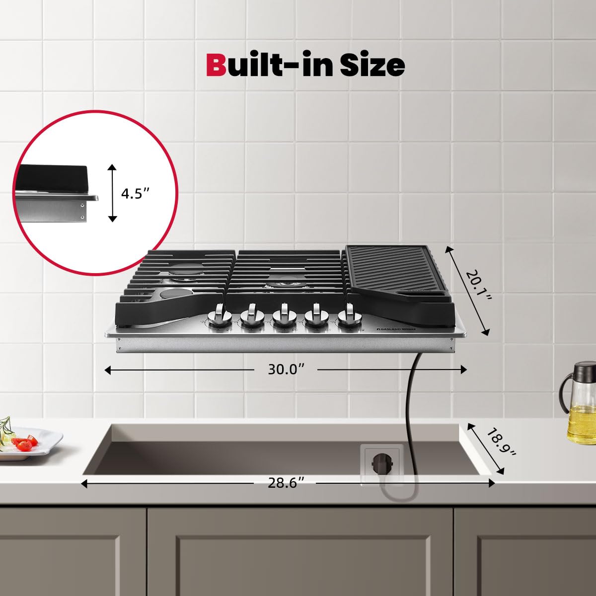 GASLAND Master 30 Inch Heavy Duty Gas Cooktop with Griddle PRO GH3805SS1FC with 5 Burners, CSA certified, 120V Plug-in, NG/LPG Convertible