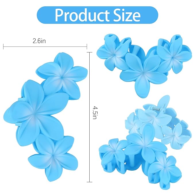 ANBALA 4PCS Flower Hair Clips Plumeria Hawaiian Claw Clips for Thick Hair Non-Slip Strong Hold Beach Accessories for Women Girls (Blue)