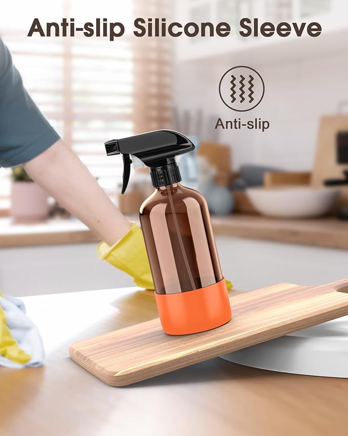 Bontip Glass Spray Bottle with Silicone Sleeve Protection, Amber Glass Spray Bottle Set for Window Cleaner Aromatherapy Facial Hydration Watering Flowers Hair Care 2 Pack/16 oz (White & Orange, 16 oz)