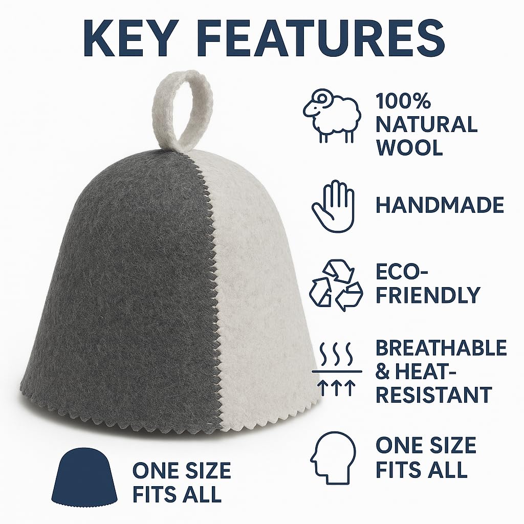Premium Sauna Hat – 100% Natural Wool, Handmade Sauna Headwear for Men and Women – Eco-Friendly, Breathable, Insulating Hat for Sauna, Steam Room, Banya, and Bathhouse – One Size Fits All, White-Grey