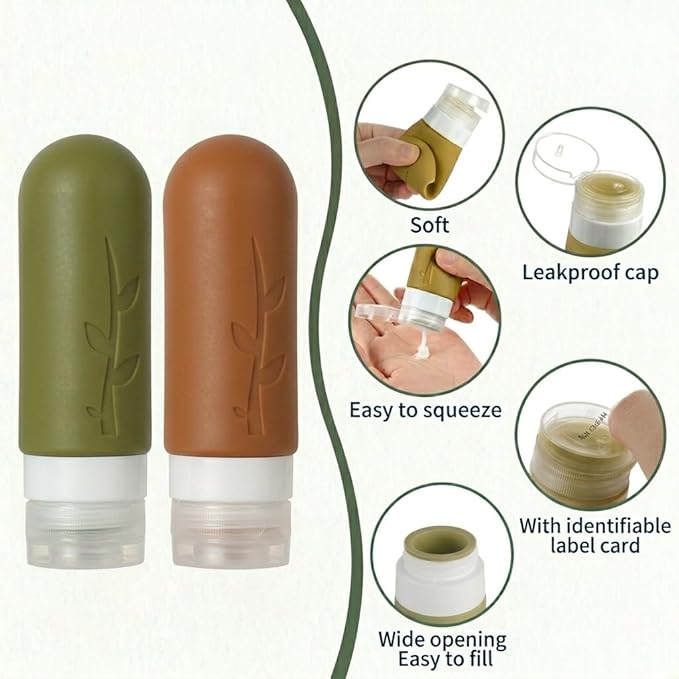 Travel Bottles Kit (16 Pack) - TSA Approved, Leak Proof Silicone Squeezable Containers for Toiletries. Complete Set with Jars, Sprayers & Bag (Earthy brown)