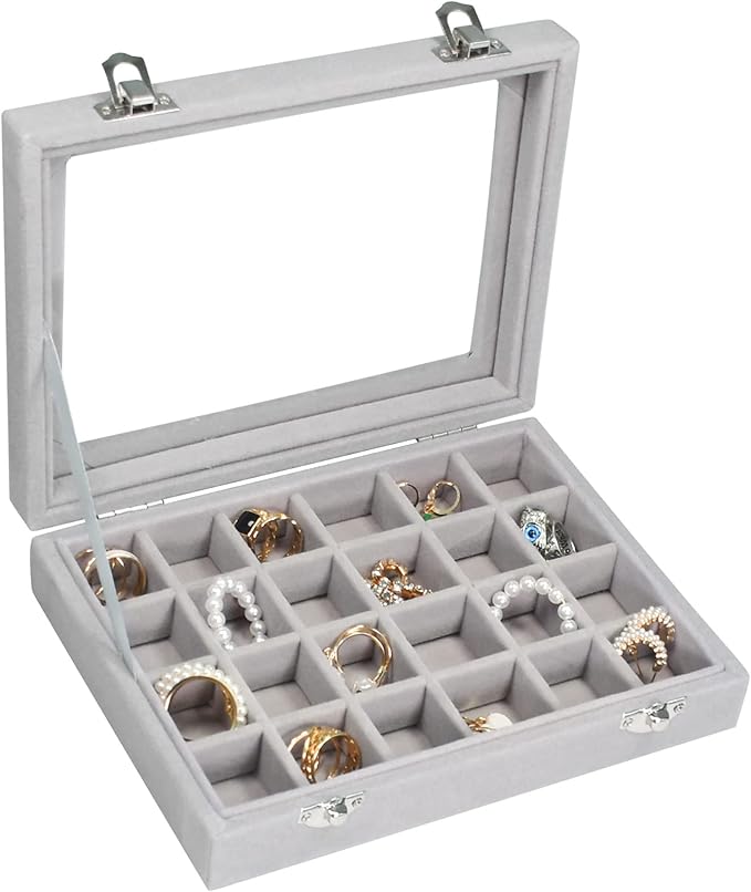 Velvet Jewelry Box 24 Grid Jewelry Ring Display Organiser Box Tray Holder Earrings Storage Case for Girls Wife Mom Women (Gray)