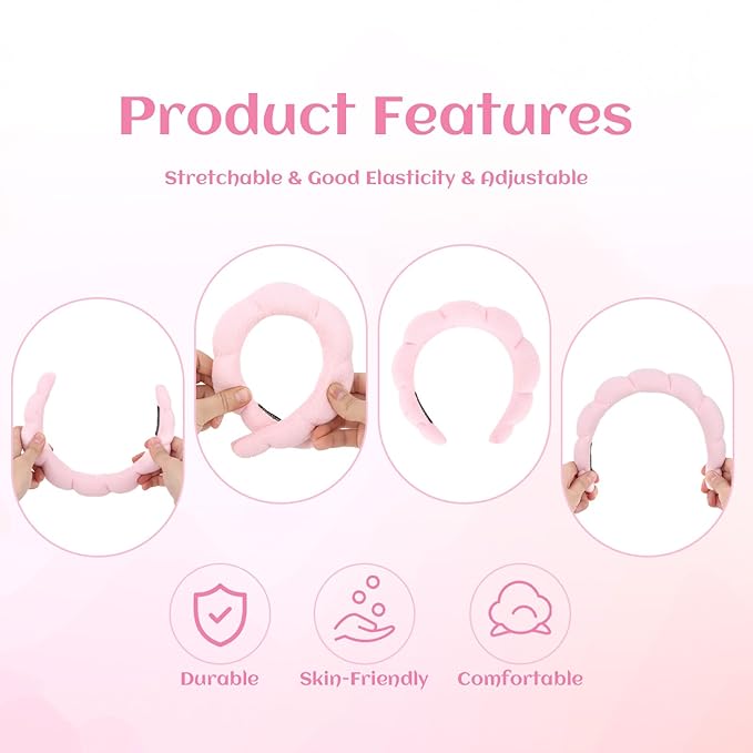 Pink Spa Headbands for Women and Girls - Terry Cloth for Washing Face, Makeup Removal, Shower, and Hair Care